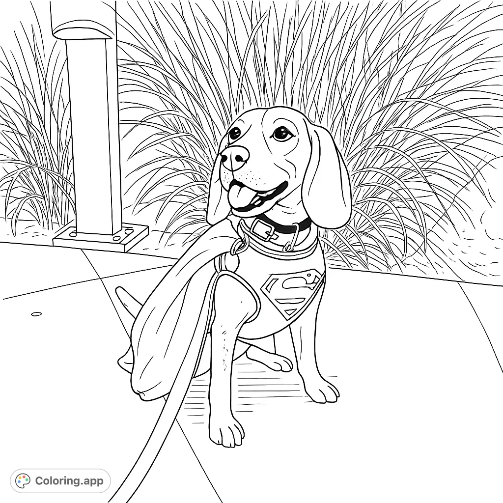 A charming superhero dog coloring page, featuring a beagle in a cape and emblem, ready for adventure. Perfect for kids and dog lovers!
