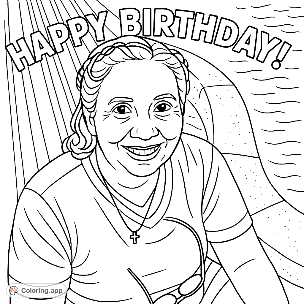 Celebrate with this delightful Birthday coloring page featuring a smiling woman in a striped hammock by the pool. A free printable for all ages!