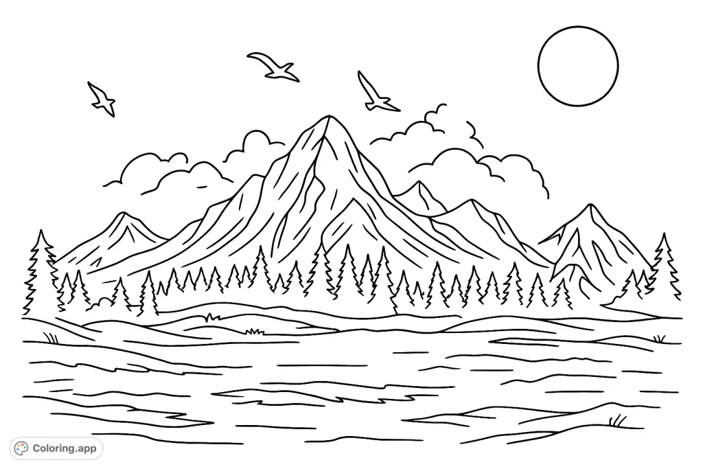 A serene mountain landscape under a large moon, featuring towering peaks, a dense forest, and birds in flight. Perfect for nature lovers.