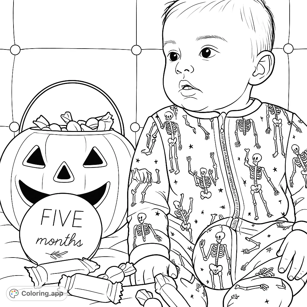 A delightful baby in a skeleton outfit, celebrating a milestone with a jack-o'-lantern and scattered candies. Perfect for a festive coloring experience!