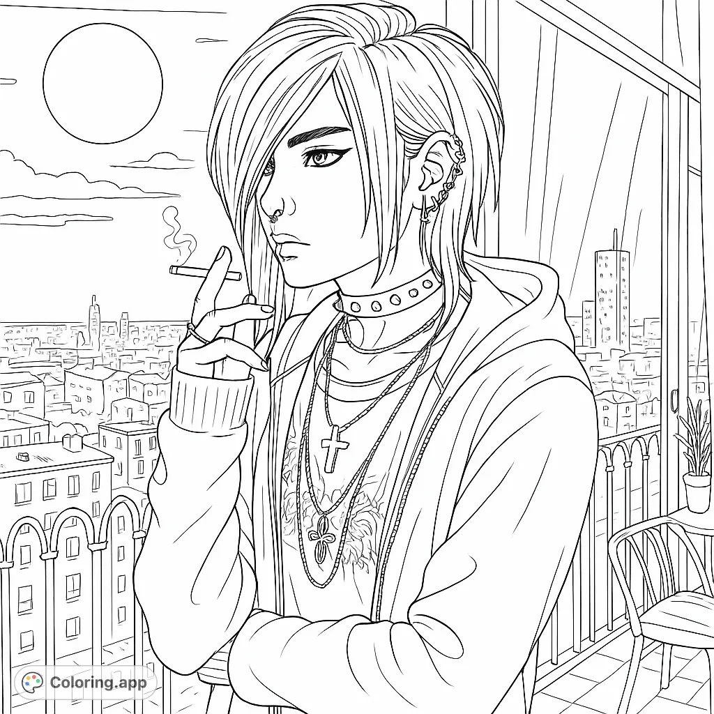 A striking emo portrait under a full moon, overlooking a city. Features intricate details, perfect for adult coloring page enthusiasts.