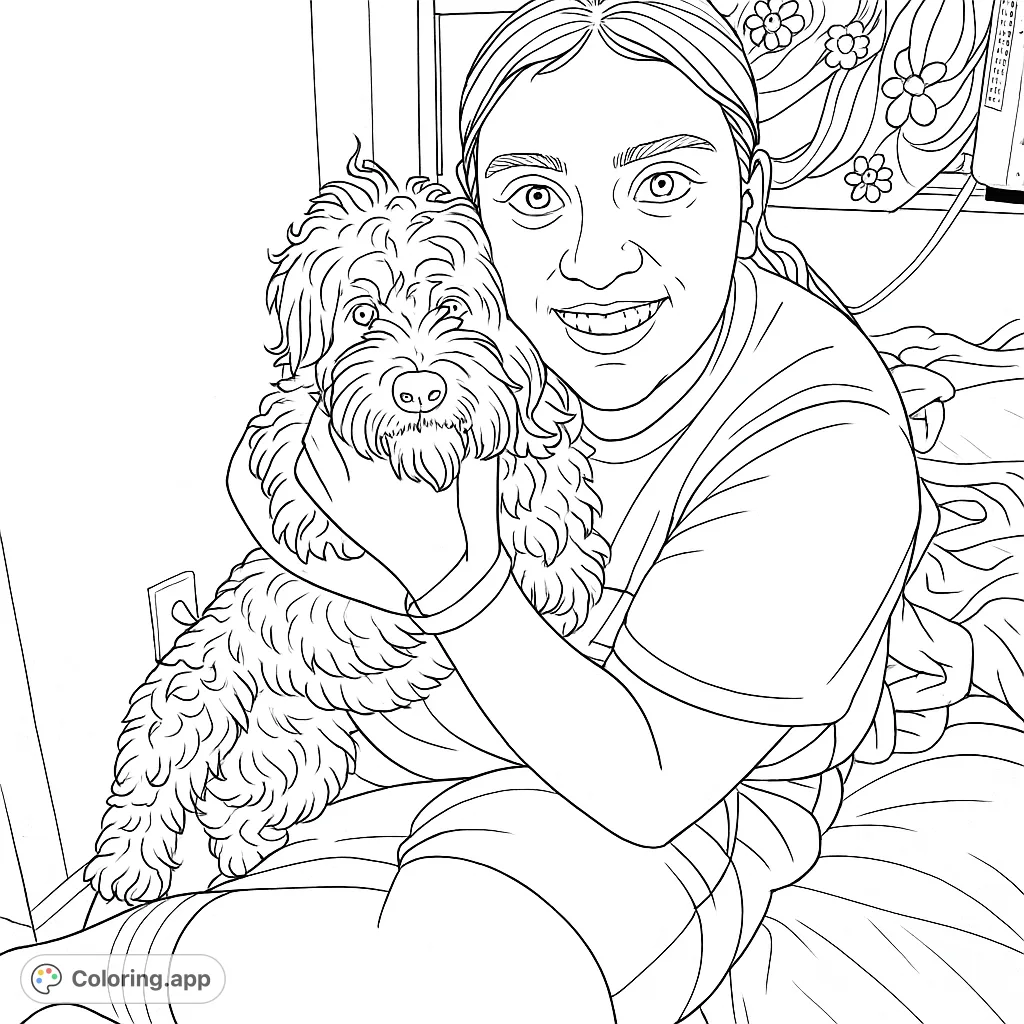 A heartwarming coloring page featuring a person lovingly embracing their fluffy pet dog. Perfect for animal lovers and those who cherish companionship.