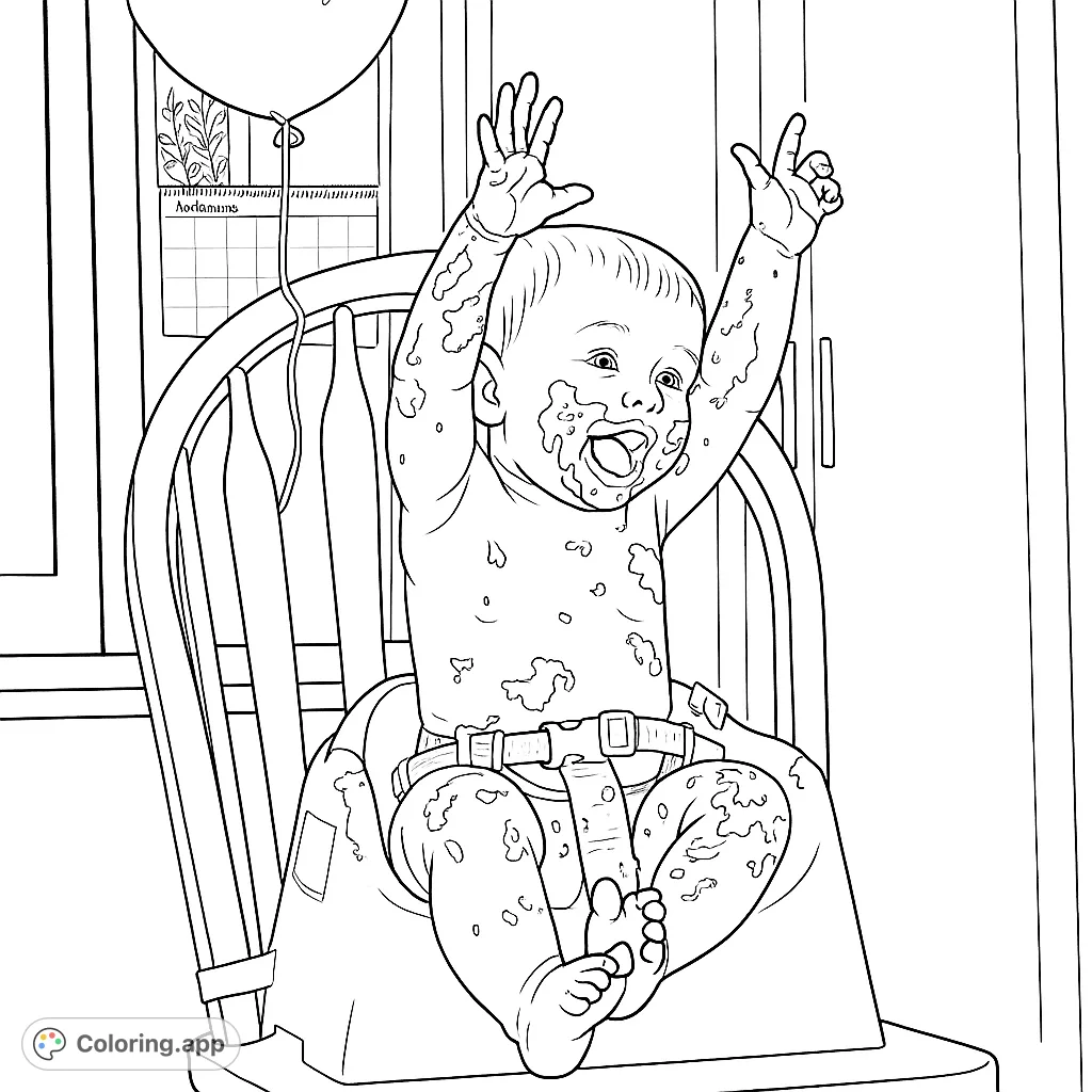 Capture a moment of pure joy with this messy baby coloring page. A delightful scene of a baby covered in cake, celebrating a special occasion.