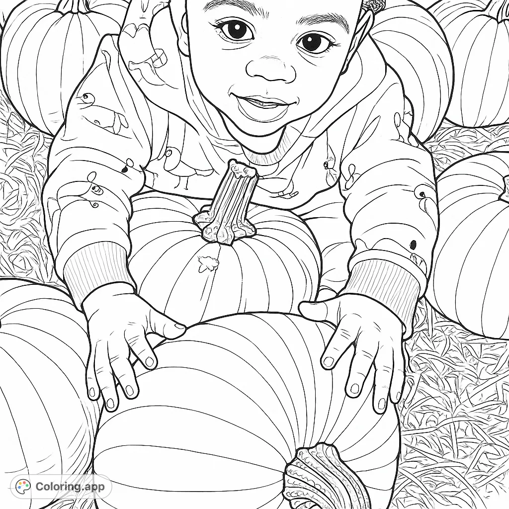 An adorable baby surrounded by pumpkins, perfect for a festive autumn coloring activity. A heartwarming scene for all ages.