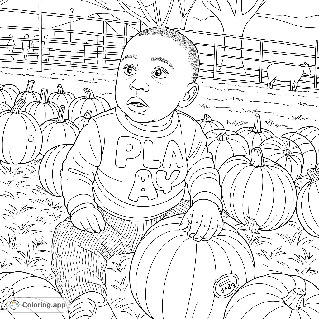 A delightful coloring page featuring a curious child surrounded by a bounty of pumpkins, perfect for autumn fun and creative expression.