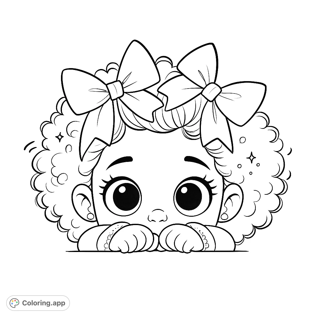 Adorable child peeking with big eyes and two bows, ready for a burst of creative colors. A delightful and charming coloring page for all ages.