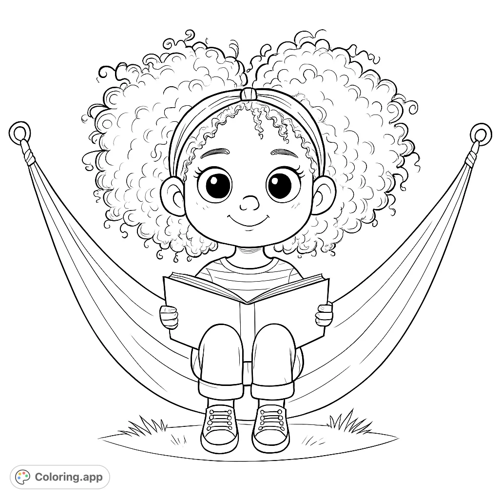 A delightful coloring page featuring a cheerful girl with curly hair, relaxing in a hammock and engrossed in a book. Perfect for young readers.