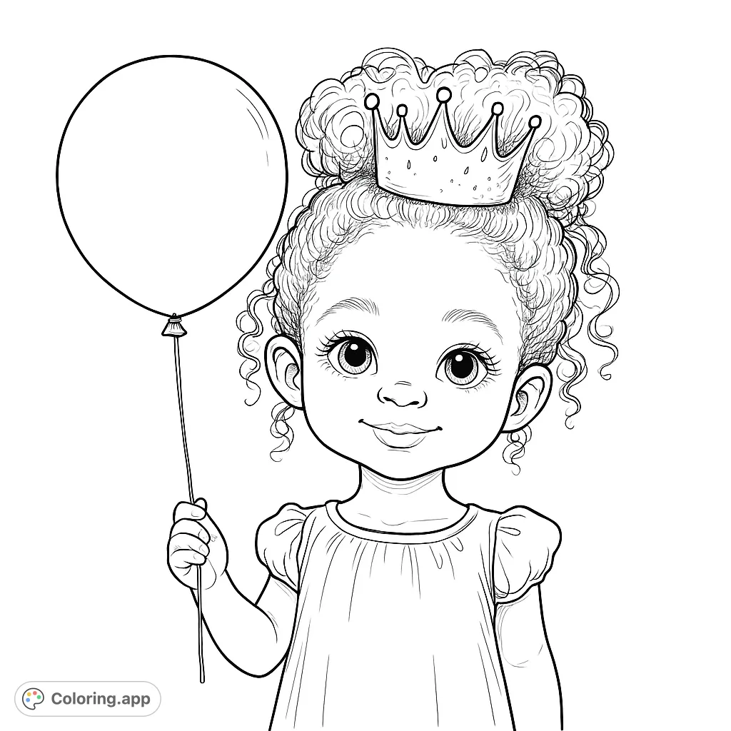 A delightful coloring page featuring a sweet young girl wearing a crown and holding a balloon, perfect for imaginative play and creative expression.