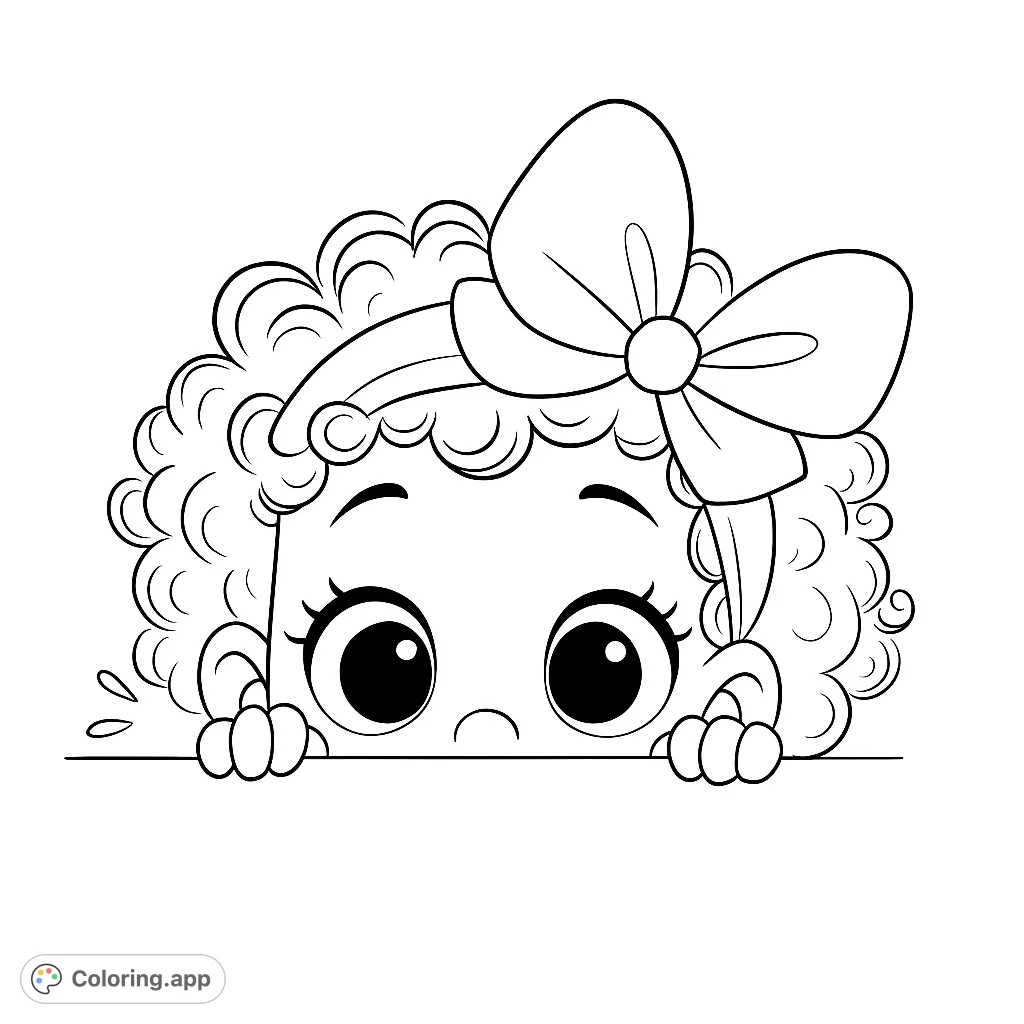 A delightful cartoon character with curly hair and a big bow peeks over an edge, ready for a splash of color. Perfect for young artists!