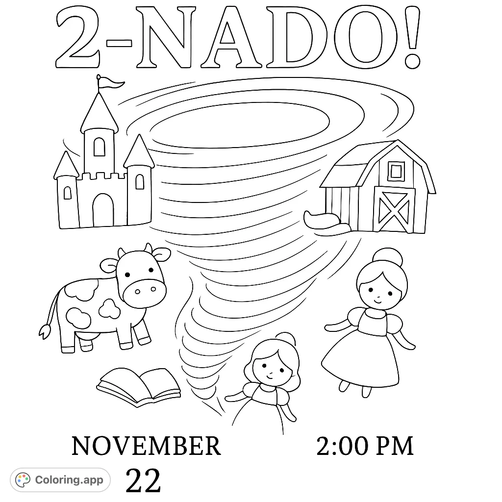 A whimsical scene featuring a swirling vortex with a castle, barn, cow, book, and two girls caught in its gentle motion. Perfect for imaginative coloring fun.