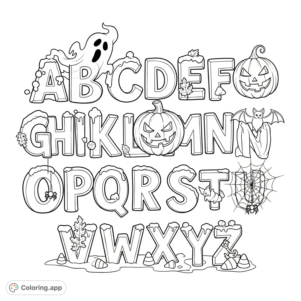 Explore the alphabet with a spooky twist! This Halloween alphabet coloring page features capital and lowercase letters adorned with classic holiday elements.