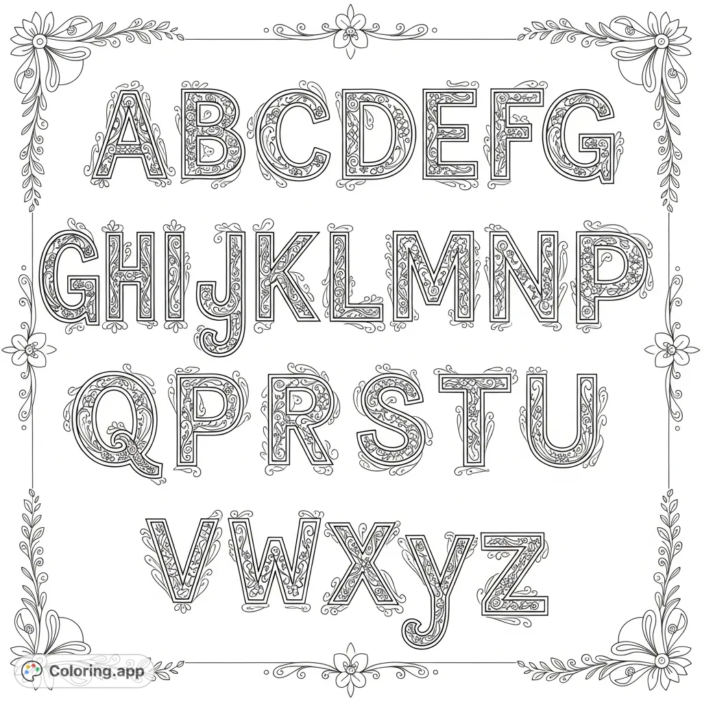 Discover the beauty of typography with this intricate alphabet coloring page. Each stylized letter features elaborate patterns and delicate framing, offering a captivating artistic challenge.