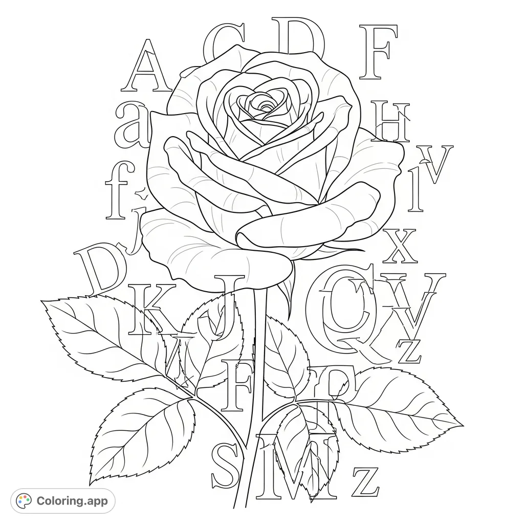 An elegant rose intertwined with capital and lowercase alphabet letters, offering a beautiful blend of nature and typography for a unique coloring experience.
