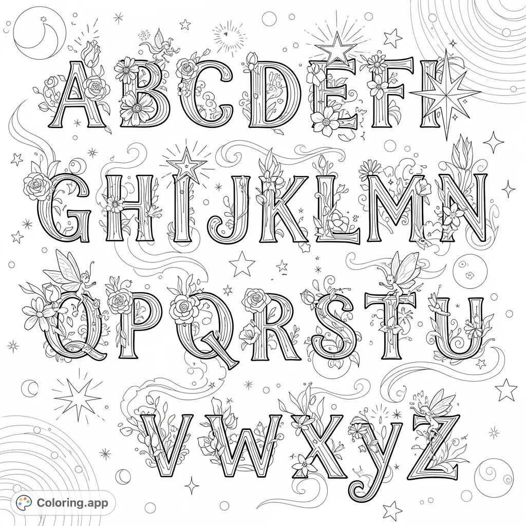 An enchanting alphabet coloring page featuring capital and lowercase letters adorned with intricate flowers and twinkling stars, set against a mysterious, ethereal background.