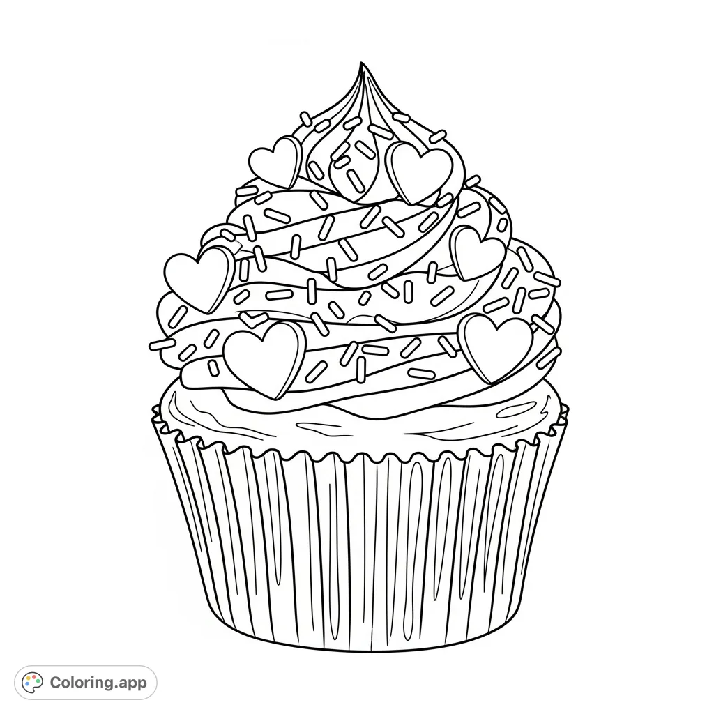 A delightful cupcake adorned with a generous swirl of frosting, playful sprinkles, and charming heart shapes, perfect for a sweet treat coloring page.