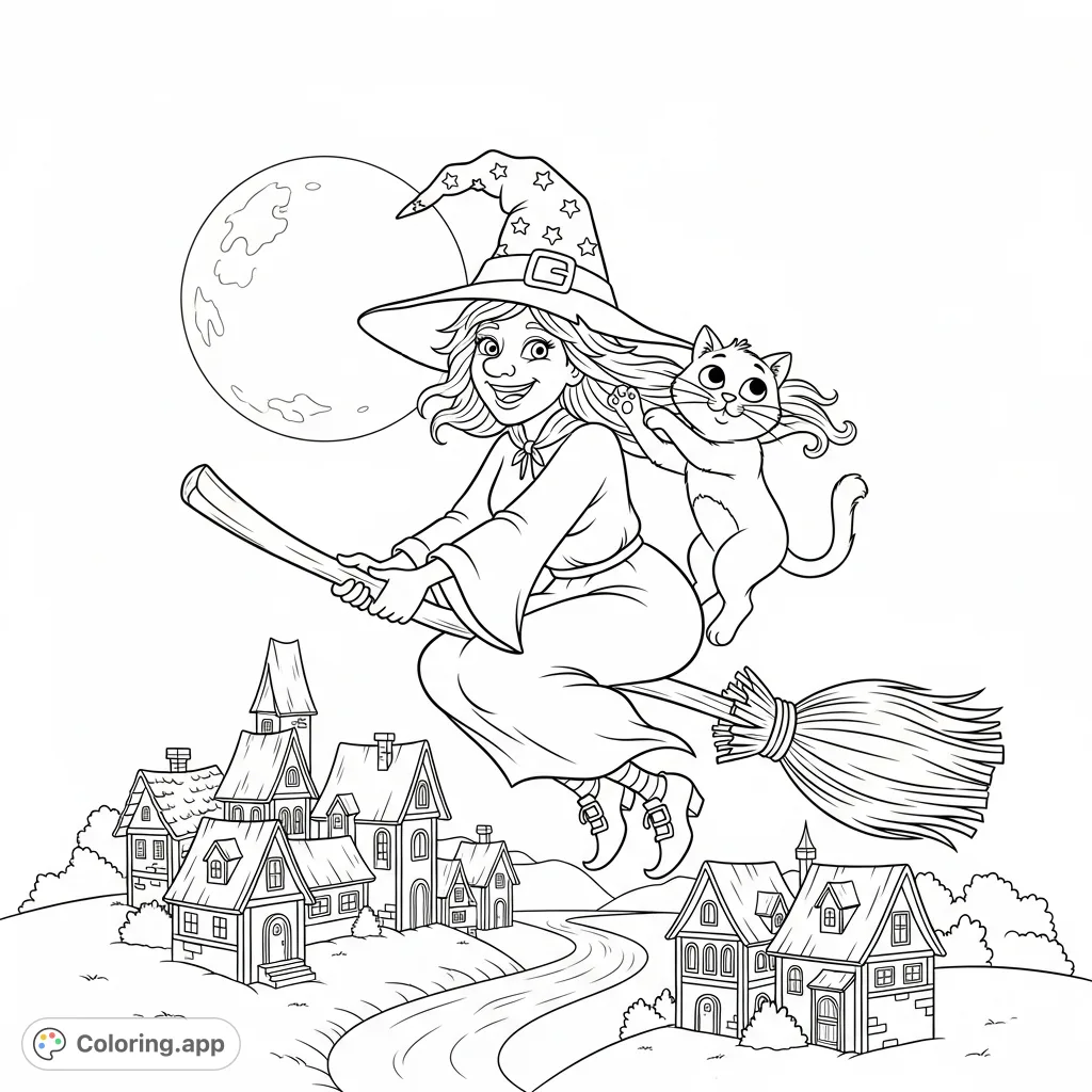 A cheerful witch and her playful cat soar over a sleeping village under a full moon. A magical scene for a whimsical coloring adventure.