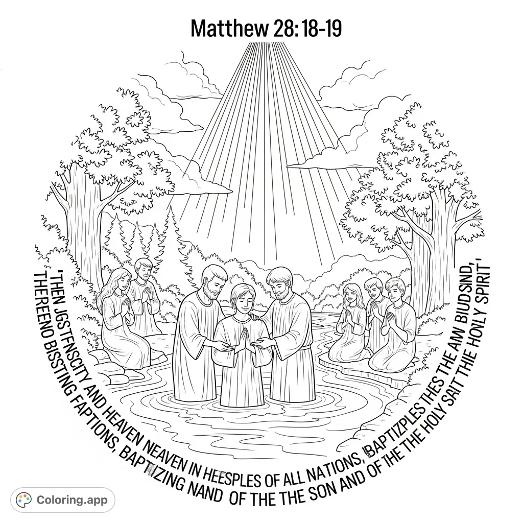 A profound baptism scene featuring a disciple immersing a person in a river, surrounded by new believers and divine light with scripture.