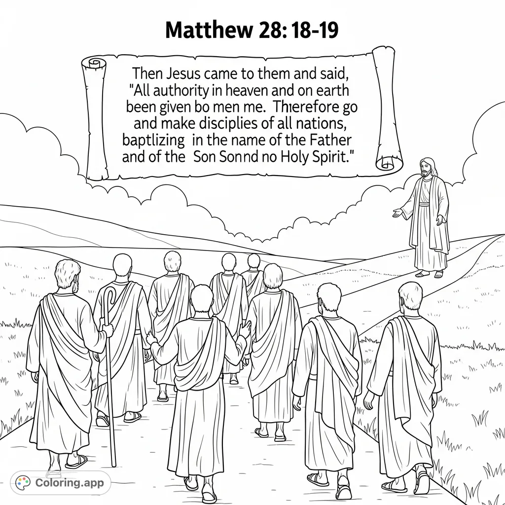 A powerful biblical scene depicting Jesus giving the Great Commission to his eleven disciples as they embark on their mission, with scripture text.