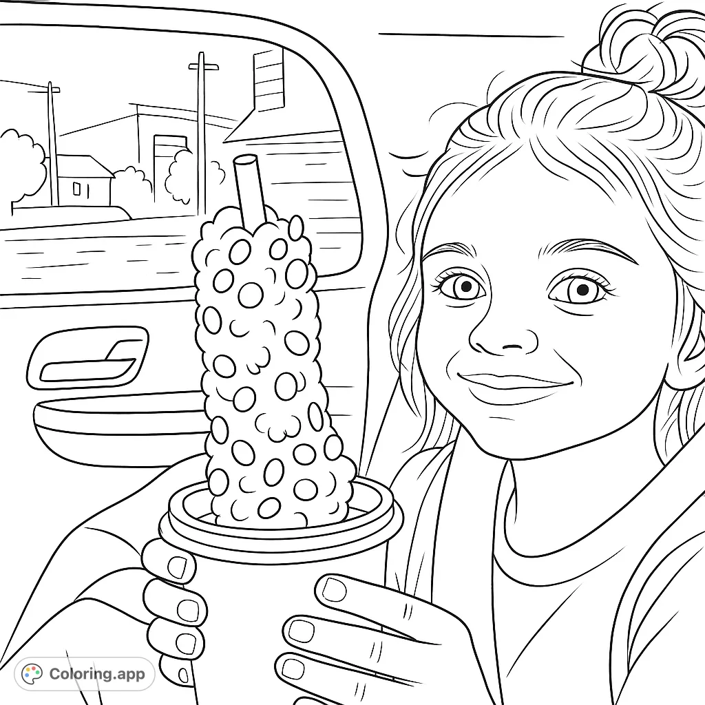 A joyful girl holds a towering, sprinkle-covered whipped topping drink in a car. A delightful scene perfect for a sweet treat coloring page adventure!