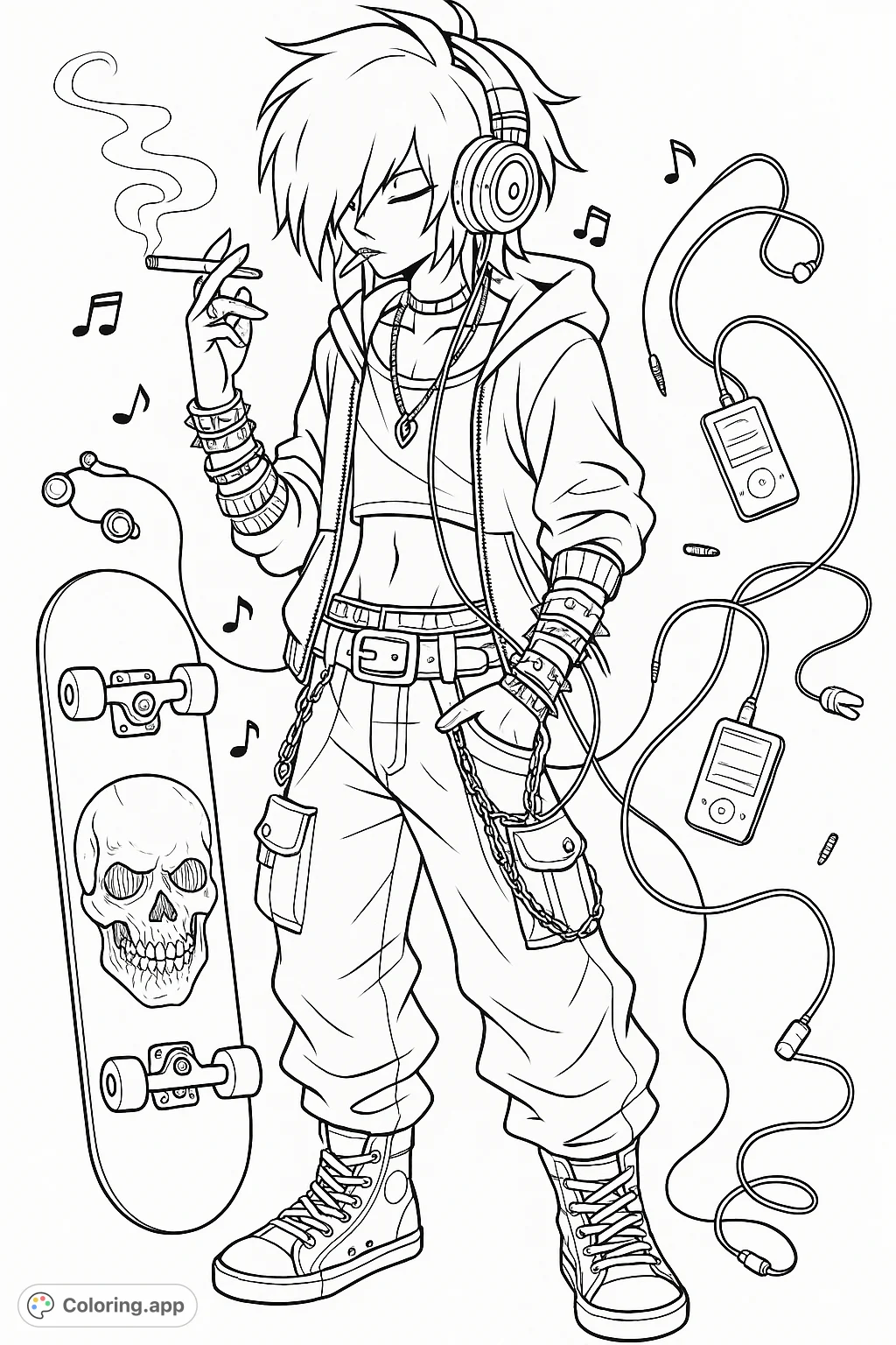 An edgy anime character with headphones and spiked accessories, standing by a skull-decorated skateboard amidst musical notes and tech gear. A cool, detailed scene.