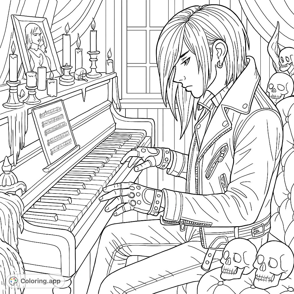 A mysterious figure plays a grand piano in a gothic setting, surrounded by candles and skulls. A captivating scene for a unique coloring experience.
