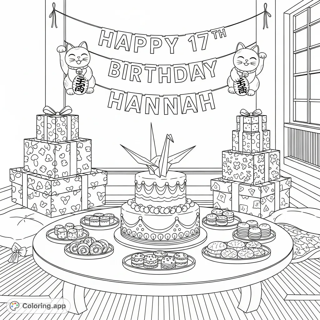 Discover a charming Japanese-style room, complete with a celebratory cake, origami crane, and personalized banner for Hannah's 17th birthday. A unique cultural coloring page.