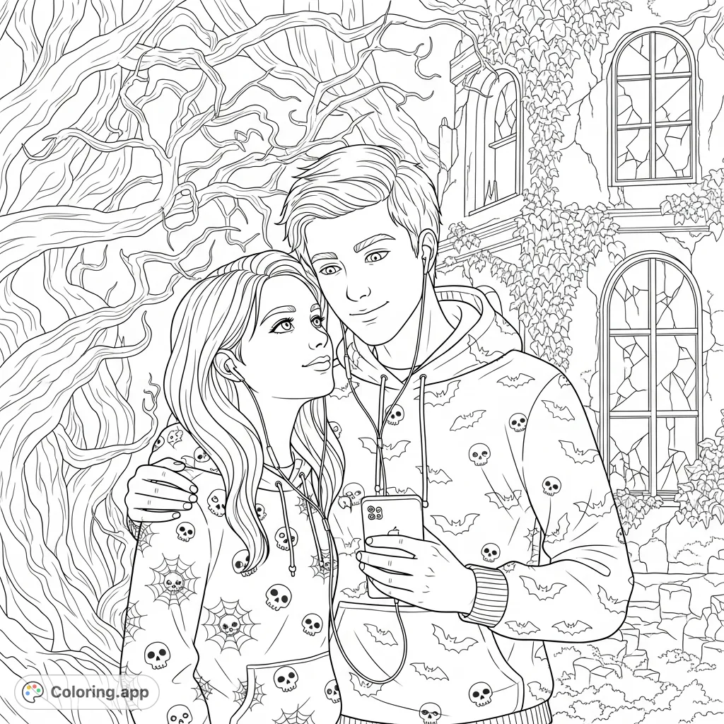 A teen couple in spooky hoodies shares earbuds, lost in music and each other's gaze, set against a mysterious woods or old building. Perfect for a unique coloring page.