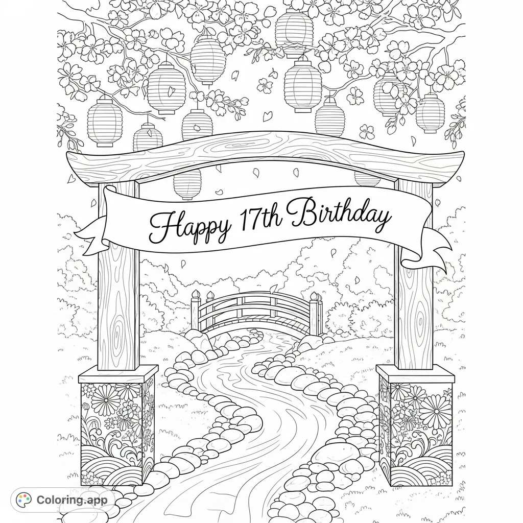 Discover a serene Japanese garden at dusk with cherry blossoms, paper lanterns, and a personalized "Happy 17th Birthday Hannah" banner. A unique coloring experience.