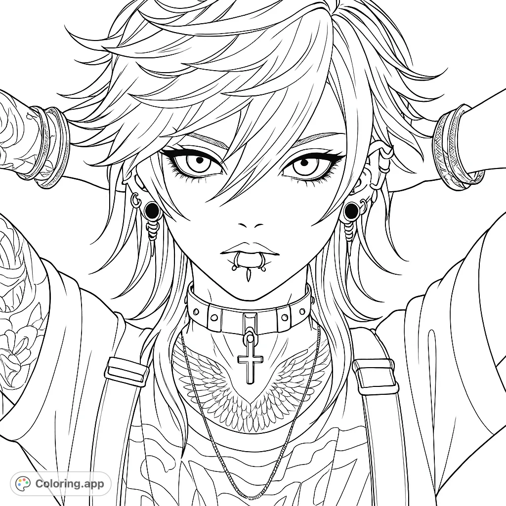 An intricate alternative character portrait featuring detailed piercings, tattoos, and a striking pose. Perfect for expressive art enthusiasts.