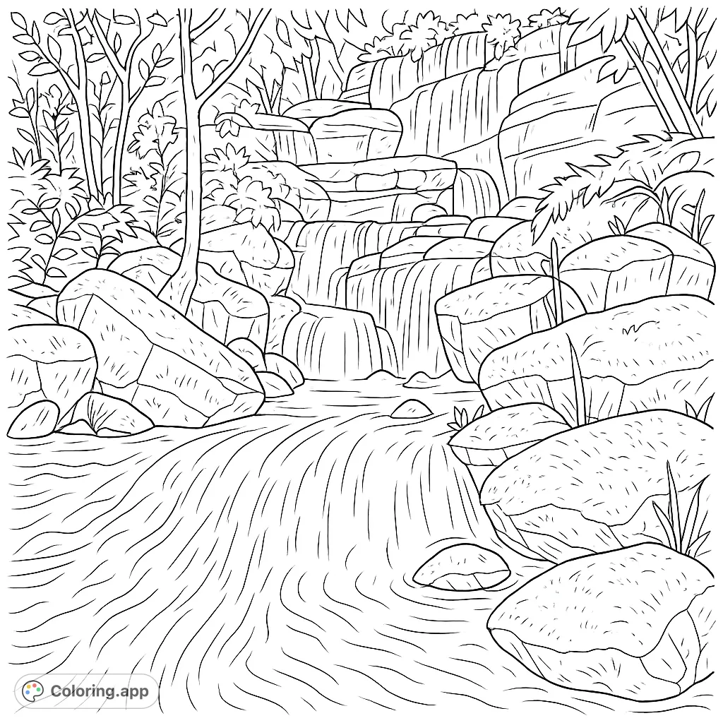 Immerse yourself in a serene forest waterfall scene. This detailed coloring page features cascading water, moss-covered rocks, and lush foliage.