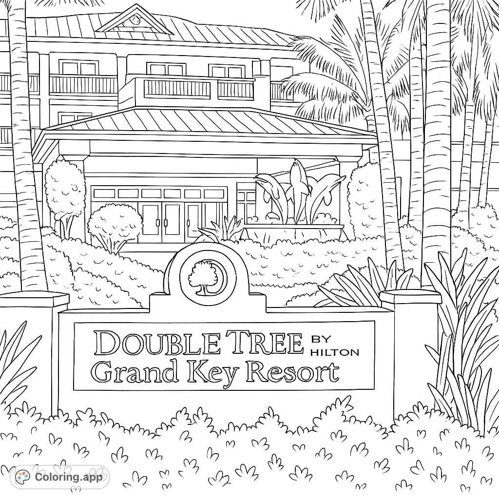 Explore a detailed tropical resort entrance featuring a grand sign, a playful dolphin fountain, and lush palm trees. A perfect escape for your creative touch.