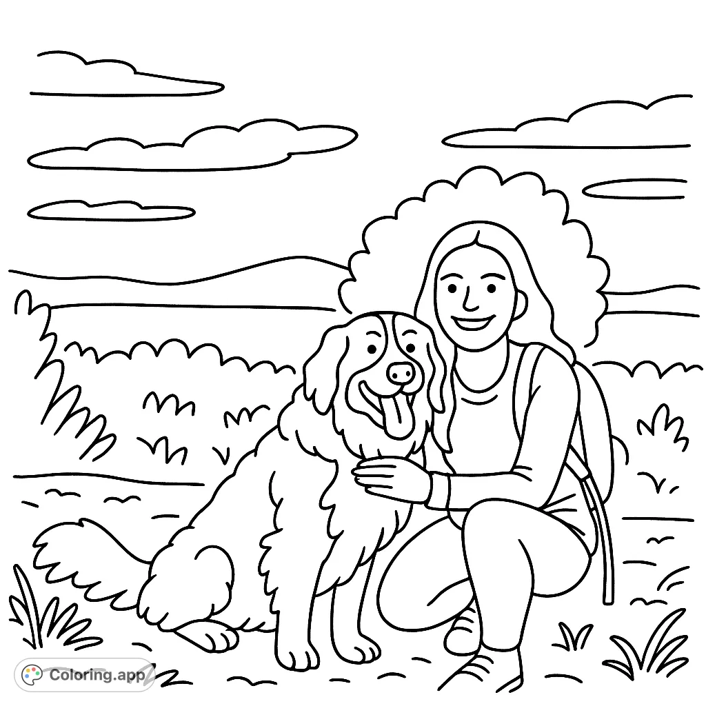 A heartwarming dog coloring page featuring a woman and her loyal canine companion enjoying an outdoor adventure. Perfect for pet lovers of all ages.