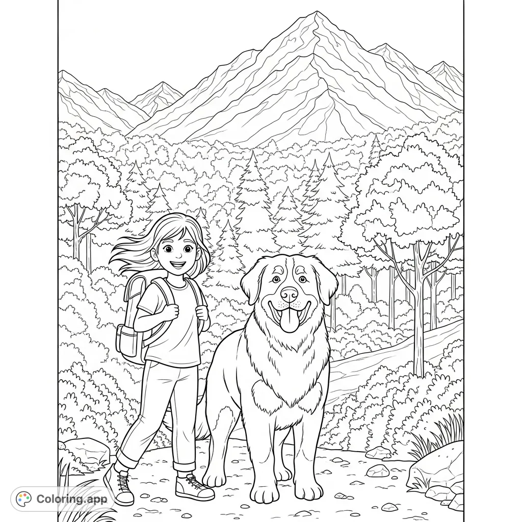 A heartwarming free printable hiking coloring page featuring a smiling girl and her loyal Bernese Mountain Dog amidst a scenic mountain and forest landscape.