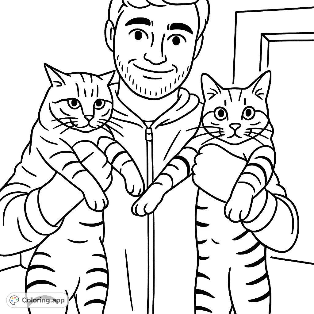 A heartwarming scene featuring a smiling man holding two adorable felines, ready for a creative coloring adventure. Perfect for animal lovers!
