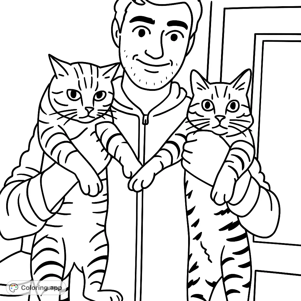 A heartwarming scene featuring a person embracing two adorable felines. This free printable cat coloring page is perfect for animal lovers of all ages.