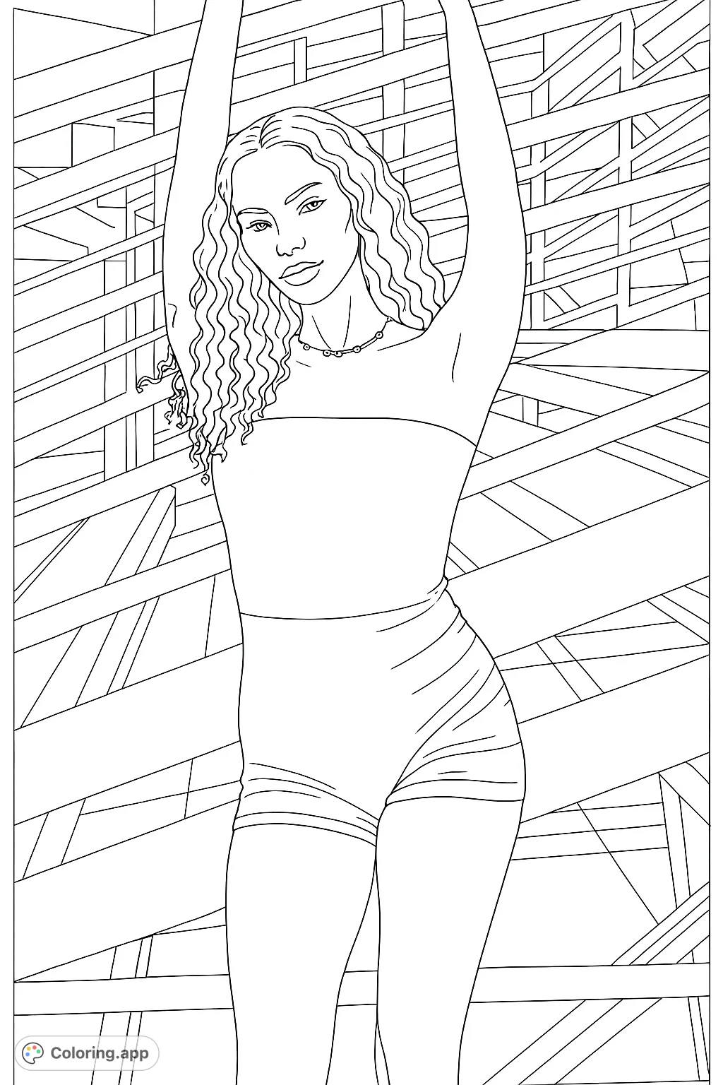 A confident woman in a strapless romper poses against an urban backdrop of stadium seating. Perfect for fashion and portrait enthusiasts.