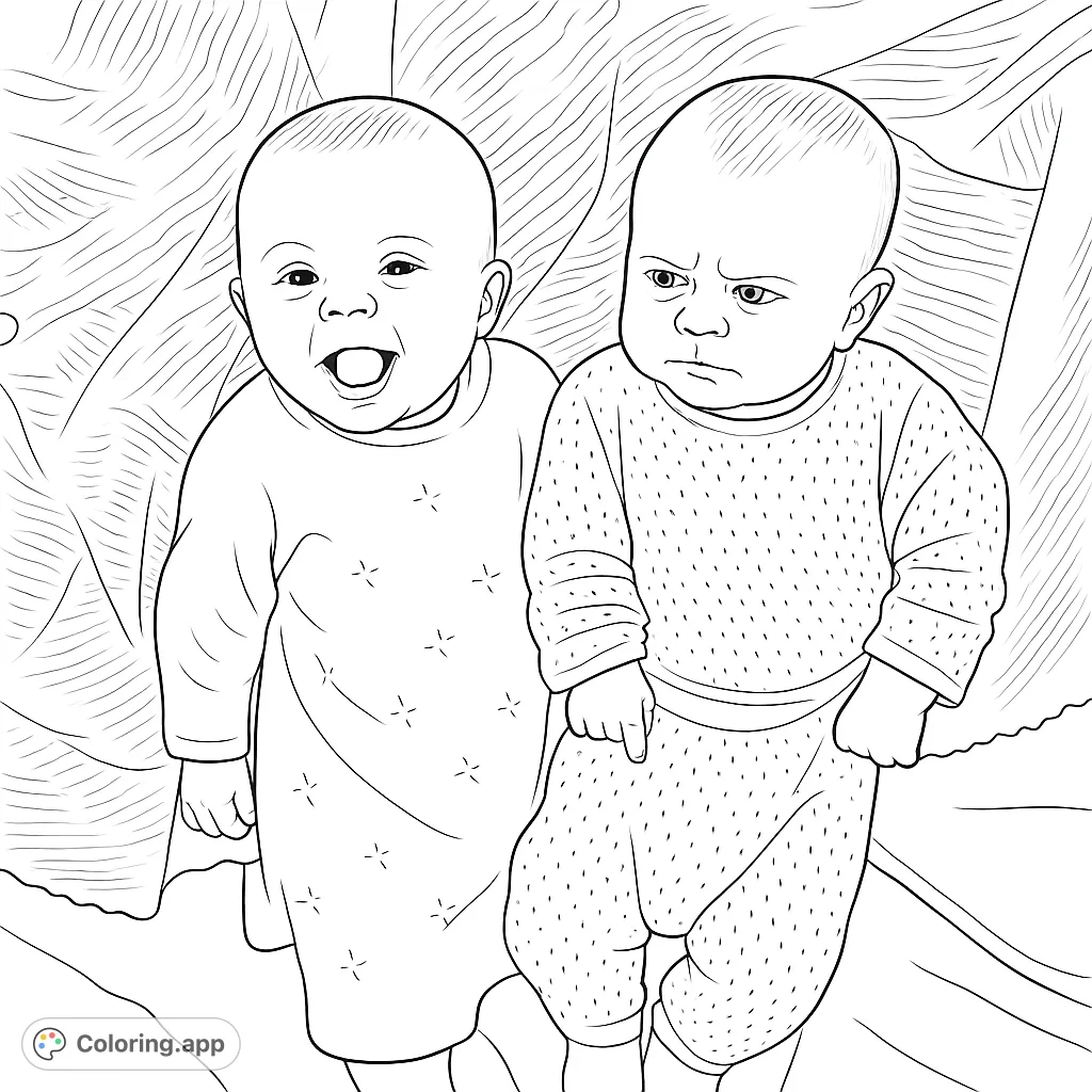 A heartwarming coloring page featuring two adorable twin babies in textured knitted outfits, perfect for celebrating new arrivals and family love.