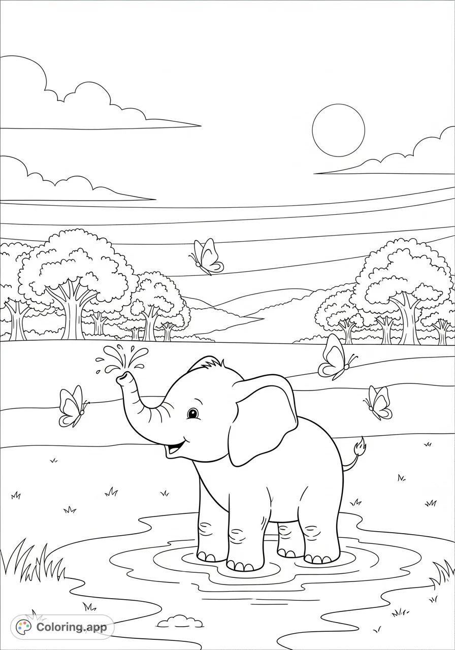 A delightful baby elephant splashes in a puddle, surrounded by fluttering butterflies and a serene natural setting. Perfect for young colorists.
