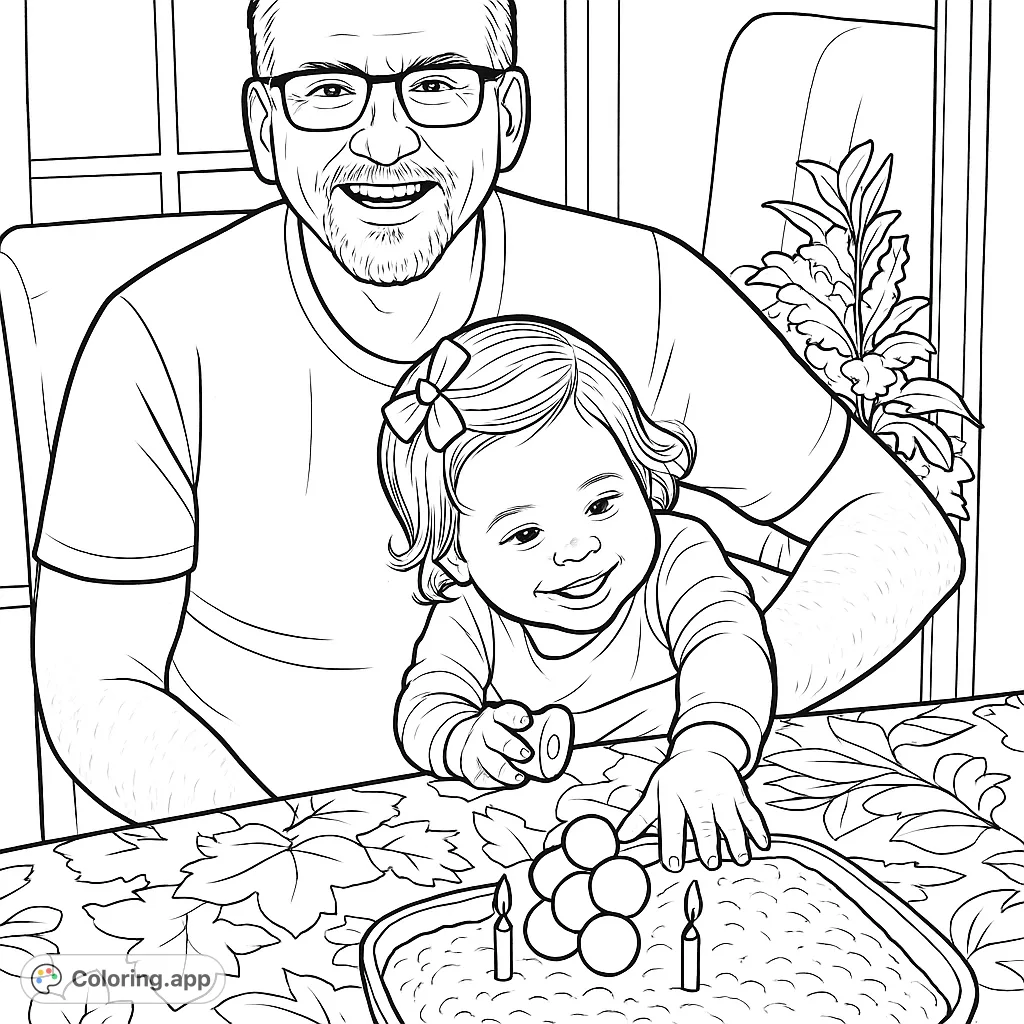 Capture a heartwarming family celebration with an adult and a joyful child at a table with a festive cake. Perfect for all ages.