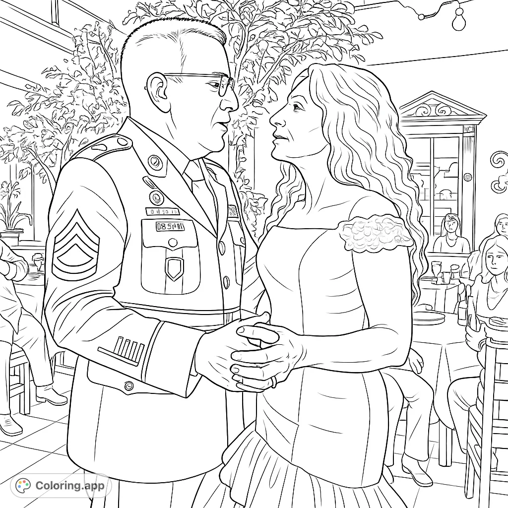 A loving couple shares a special moment, the groom in his distinguished uniform and the bride in her elegant gown, surrounded by a festive gathering.