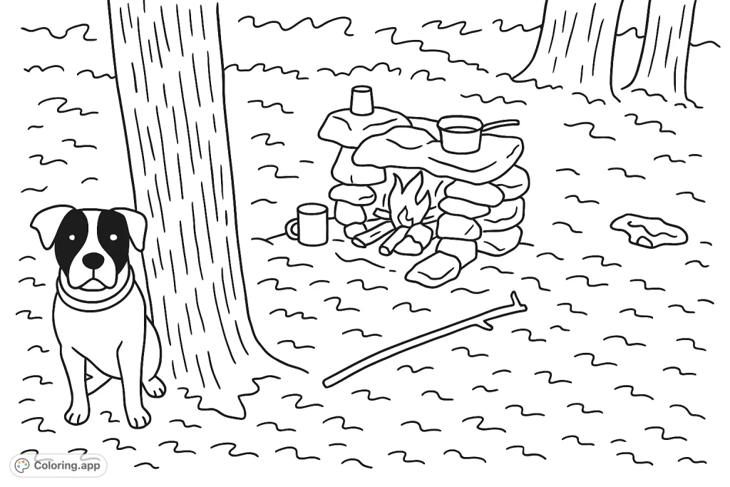 A charming forest scene featuring a friendly dog beside a cozy campfire. Perfect for a relaxing coloring experience with simple details.