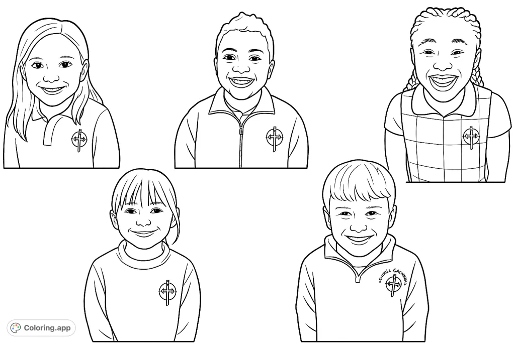 Five cheerful school children in their uniforms, smiling brightly. A delightful and engaging coloring page for young artists to personalize.