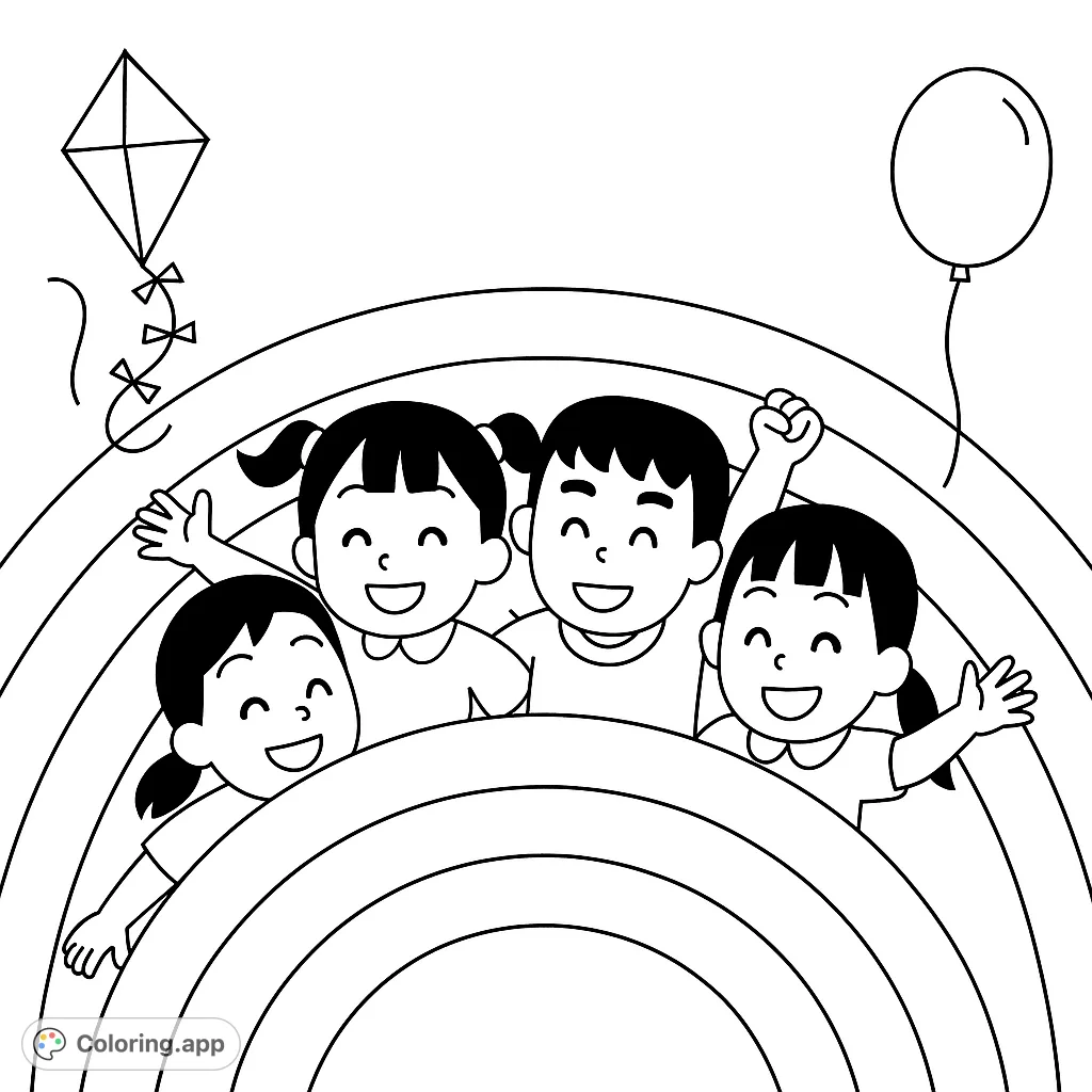 A delightful coloring page featuring happy children peeking over a vibrant rainbow, with a kite and balloon. Perfect for young artists to explore creativity.