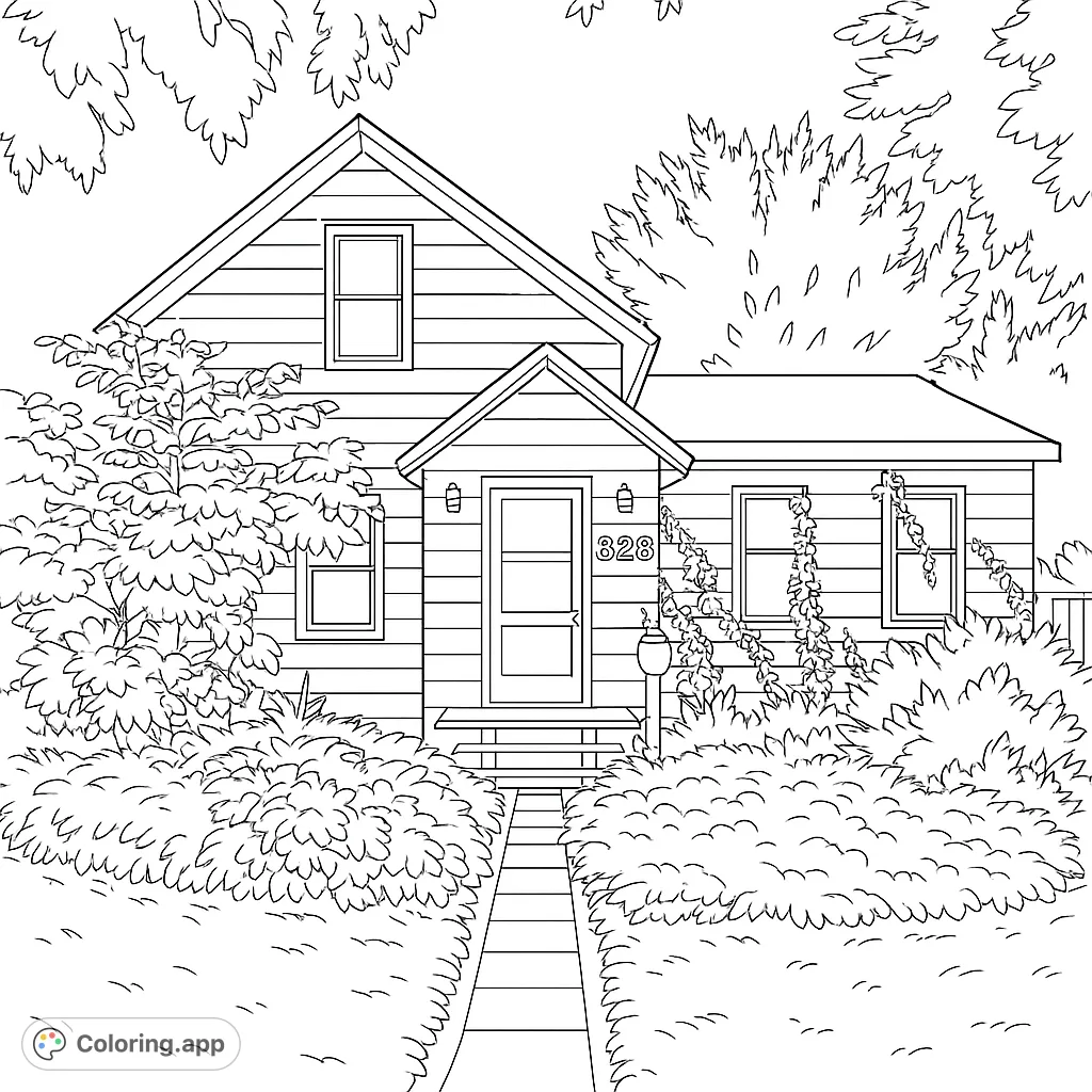 A charming house with a welcoming porch, surrounded by abundant foliage and a winding path, perfect for a relaxing coloring experience.