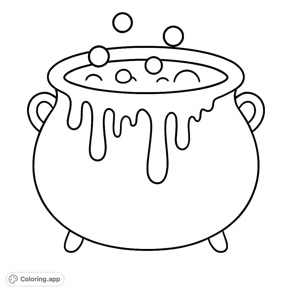 A whimsical cauldron bubbling with a mysterious brew, perfect for a magical coloring adventure. Unleash your creativity!