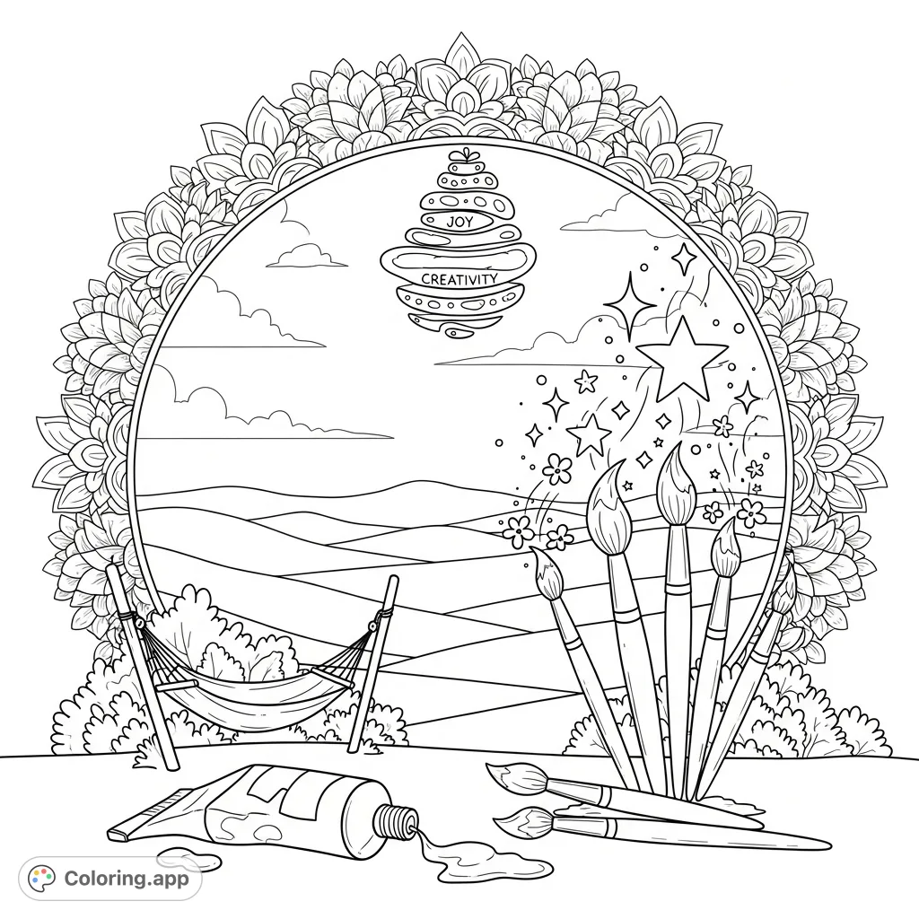 Explore a serene landscape where art supplies transform into flowers and stars, framed by an intricate mandala. An inspiring creative horizon coloring page.