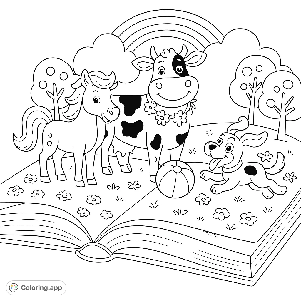 A delightful farm animals coloring page featuring a horse, cow, and playful dog jumping out of a pop-up storybook, set against a cheerful landscape with a rainbow.
