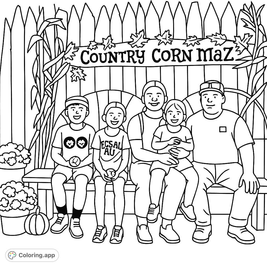 A heartwarming family corn maze coloring page, featuring a cartoony autumn scene with bold outlines, perfect for young colorists.