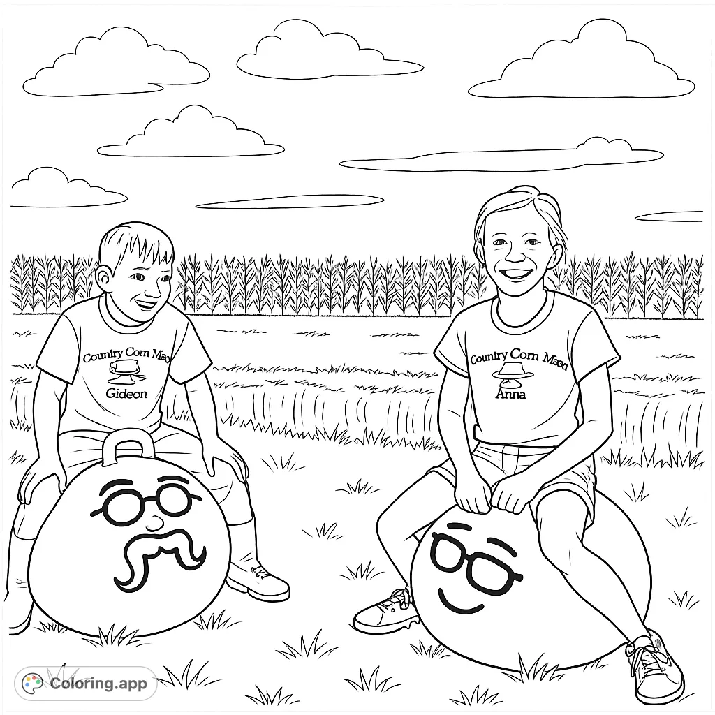 Kids joyfully bouncing on character-faced balls in a cornfield, with hay bales and a clear sky, perfect for a lively farm adventure coloring page.