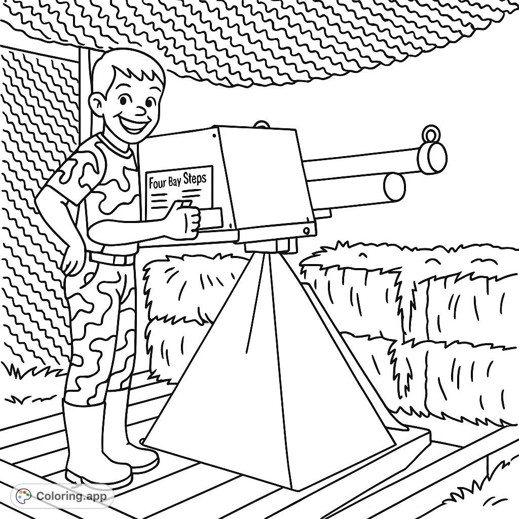 Join a smiling boy at a fun corn cannon activity, surrounded by hay bales and a tall plant field under a patterned net. A simple, cartoony design.